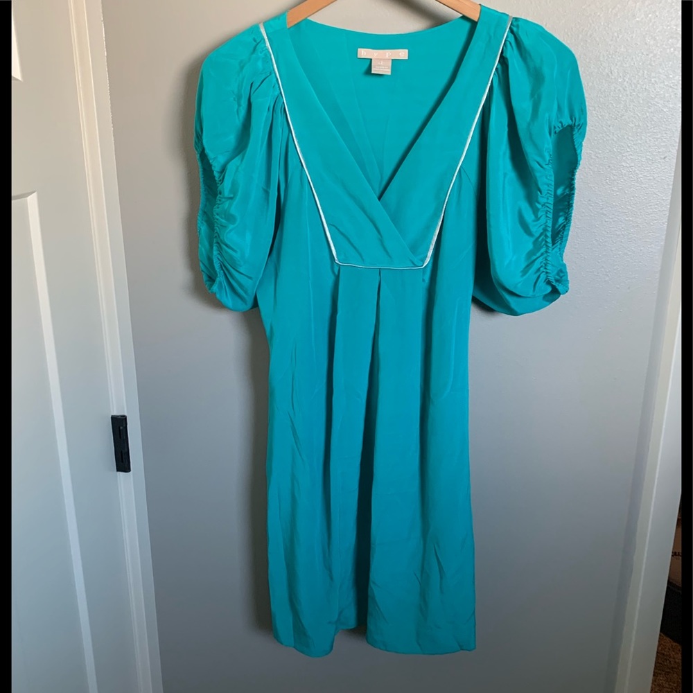 Teal dress with puff sleeves
